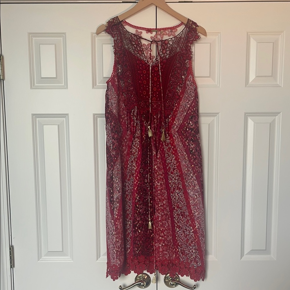 Elie Tahari Red Embellished Gold Tassel Midi Lace Dress